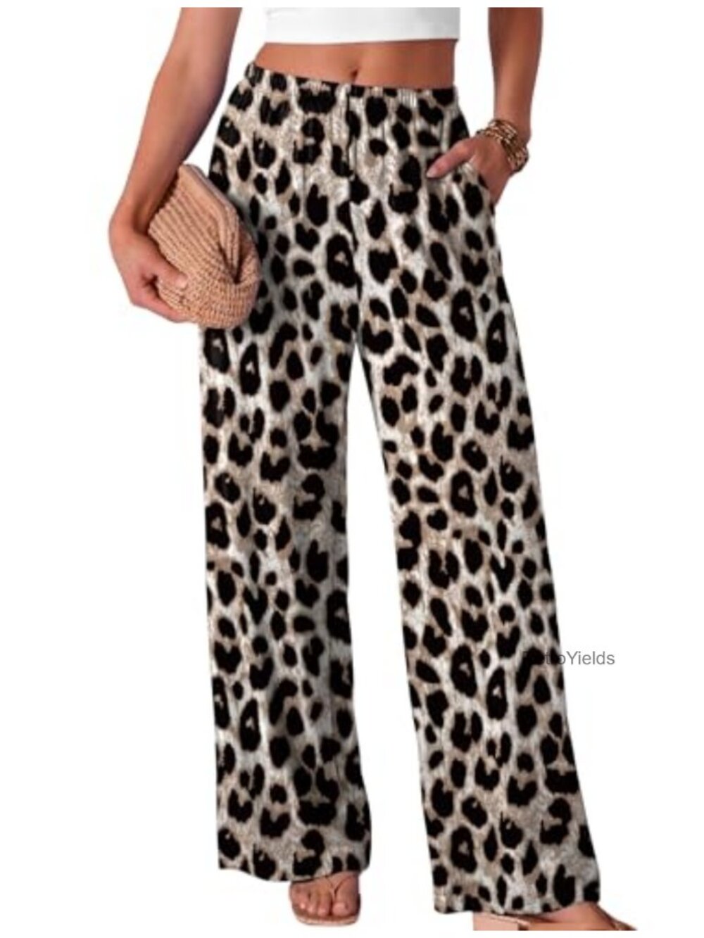 Wide Leg Palazzo Pants Flowy Elastic Waist Trousers with Pockets